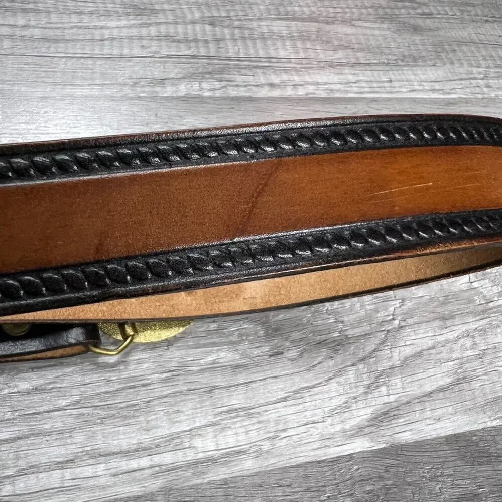 Vintage 80s Leather Brown Black Belt Baron Solid Bass Buckle